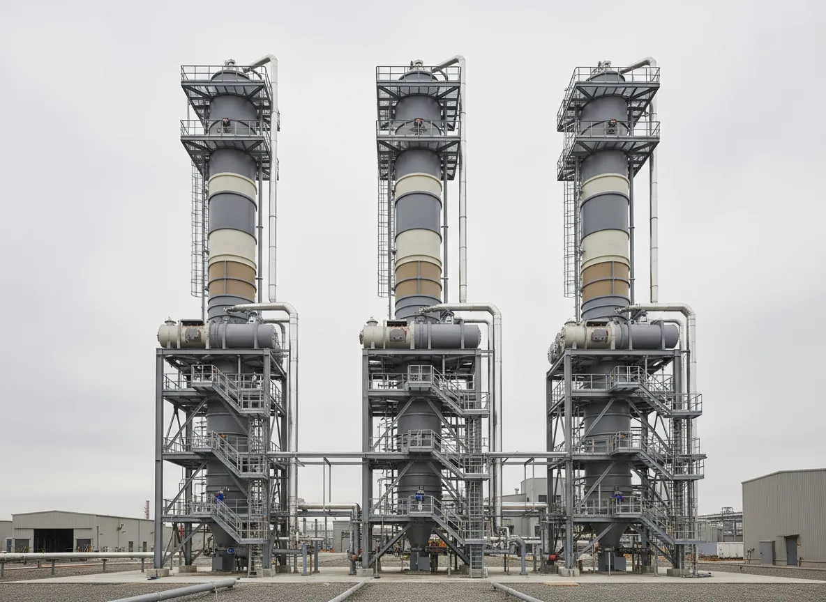 A bank of fractionating columns with condensers and vacuum lines at a processing plant