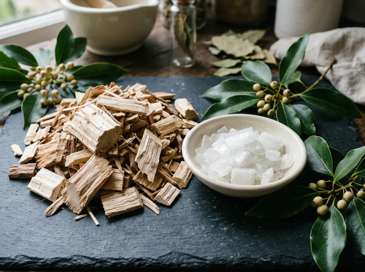 Pale camphor wood chips heaped beside a dish of white crystalline camphor